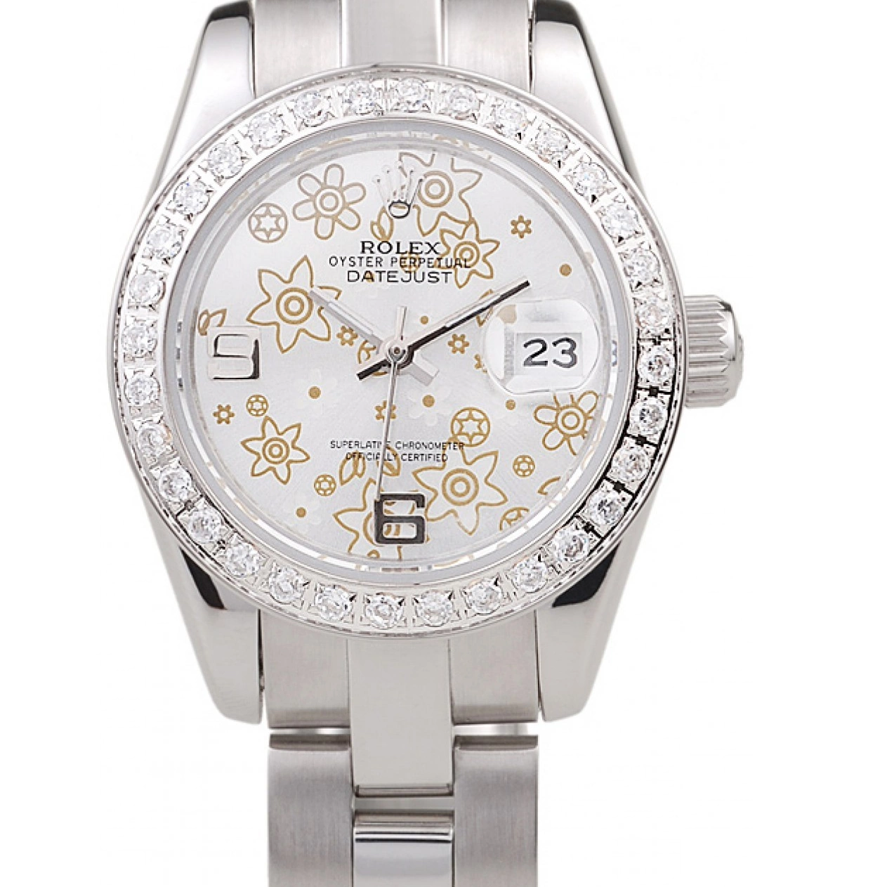 Polished Silver Diamond Dial Steel Rolex 98082 Datejust Plated Stainless Flowers 0801